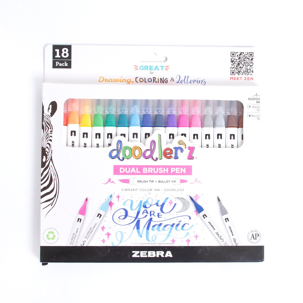 Zebra, Marker Set, Art & School, Zebra, Tools of the Trade show, Doodlerz, Dual, Brush Marker, 18 count, 739108